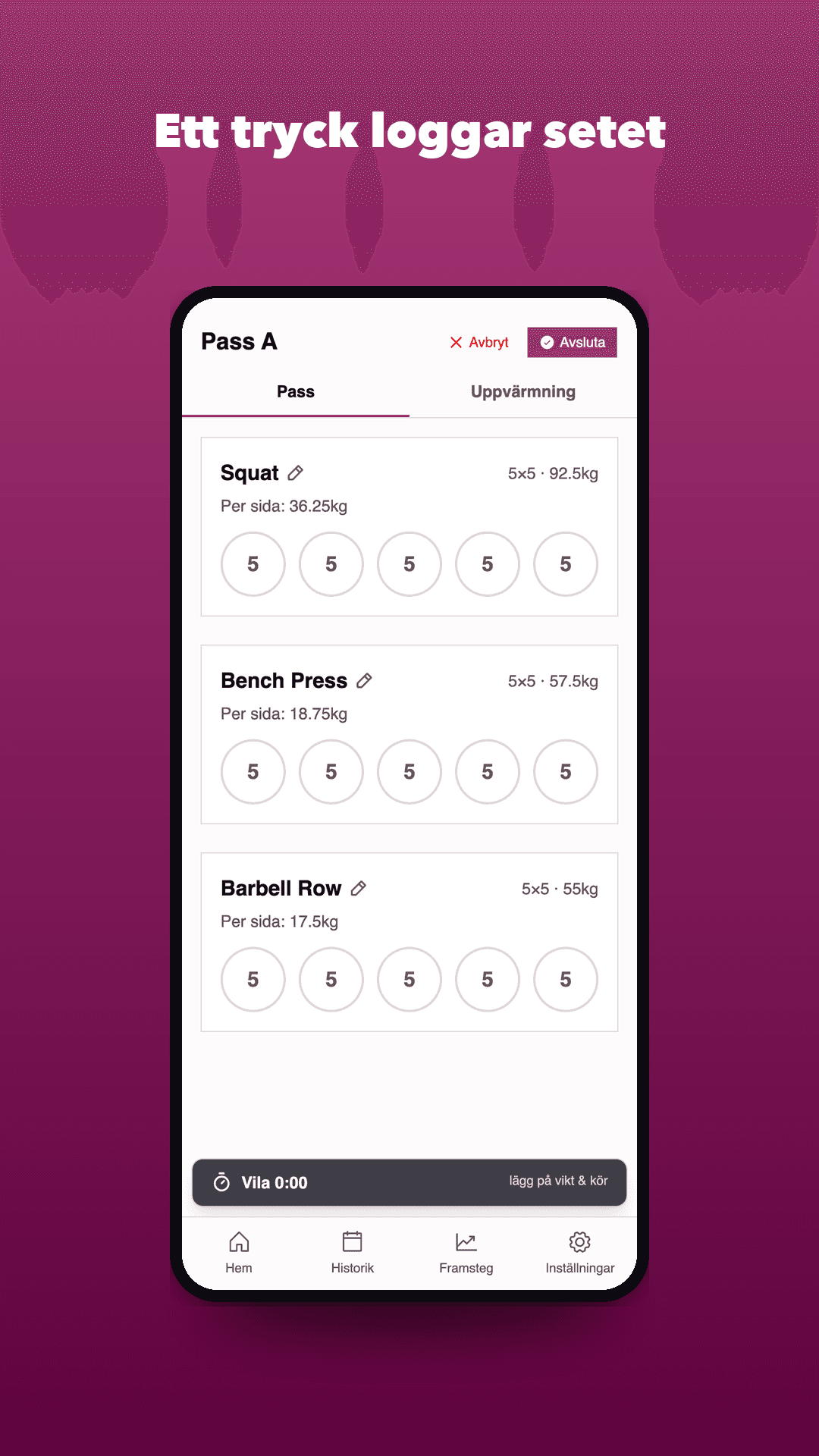 Logging a 5×5 workout, set by set