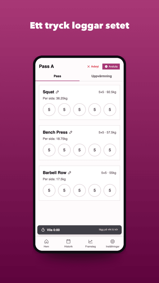 Logging a 5×5 workout, set by set
