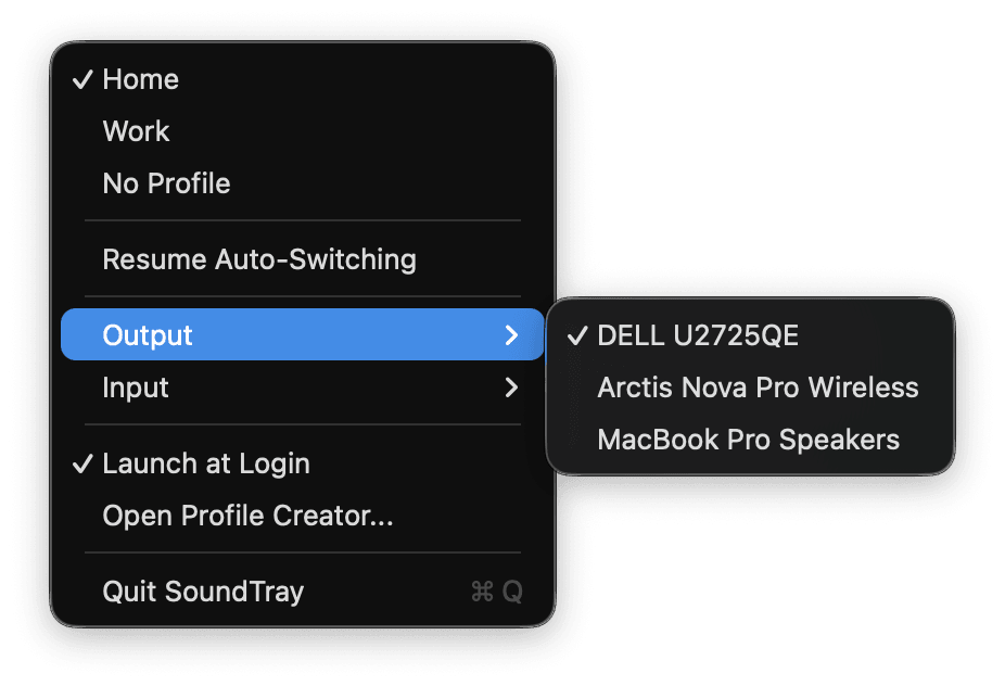 The menu-bar tray: switch device or pick a profile